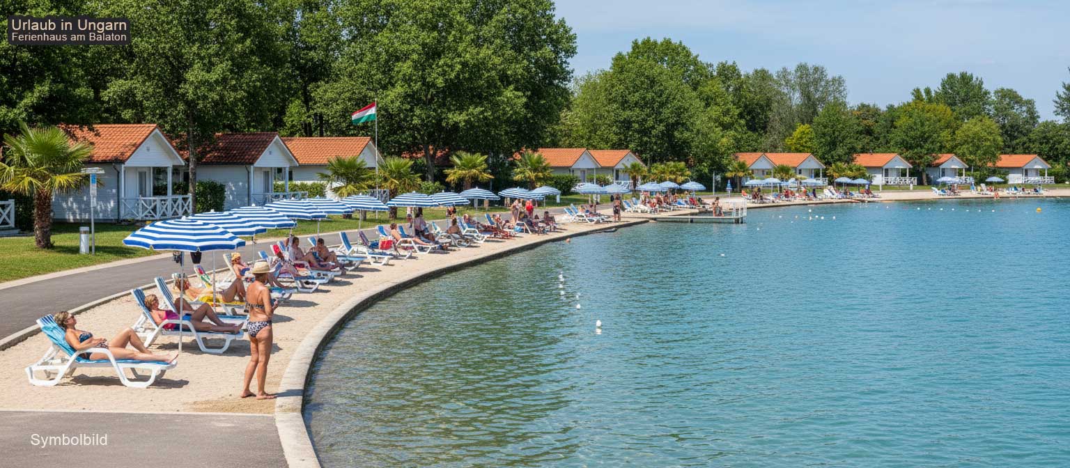 Balatonalmádi Strand am Balaton mit charakteristischen roten Sandsteinfelsen und ruhigem Seewasser