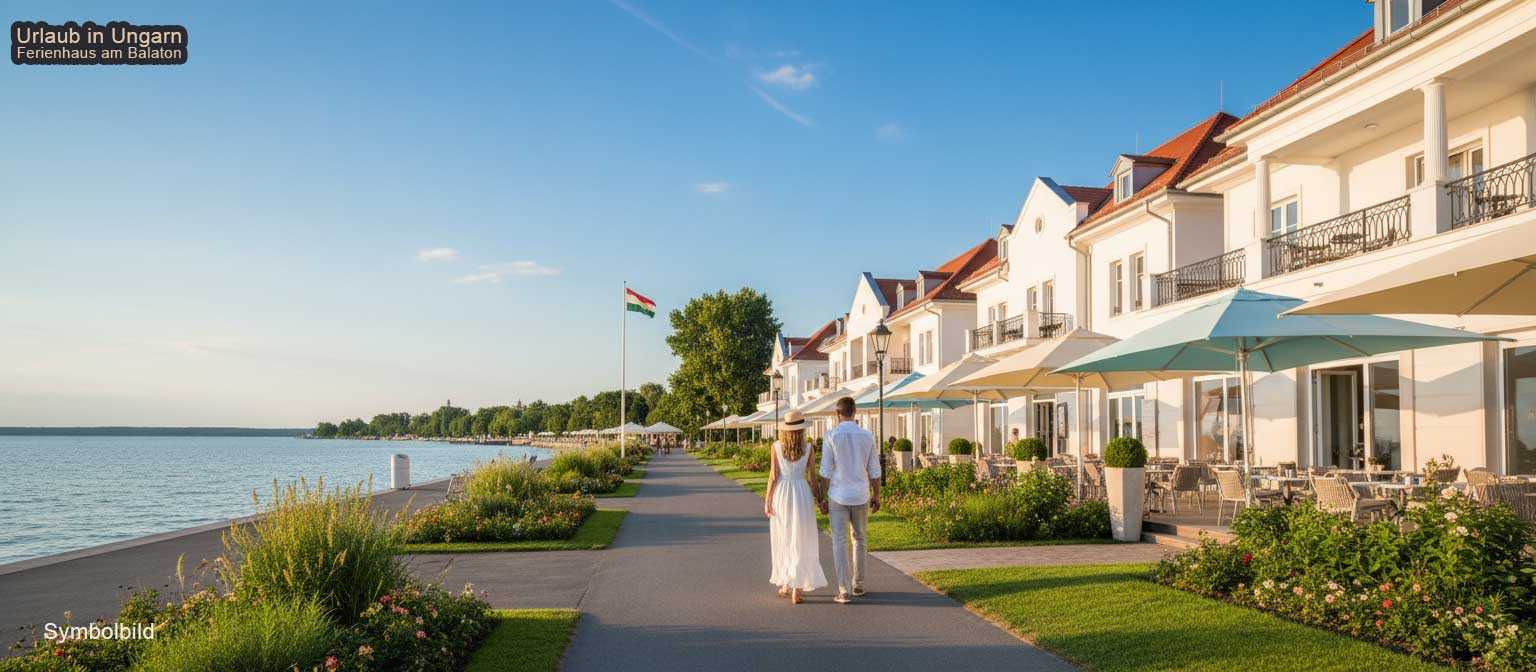Balatonfüred Promenade am Balaton mit Segelbooten im Hafen und historischen Gebäuden