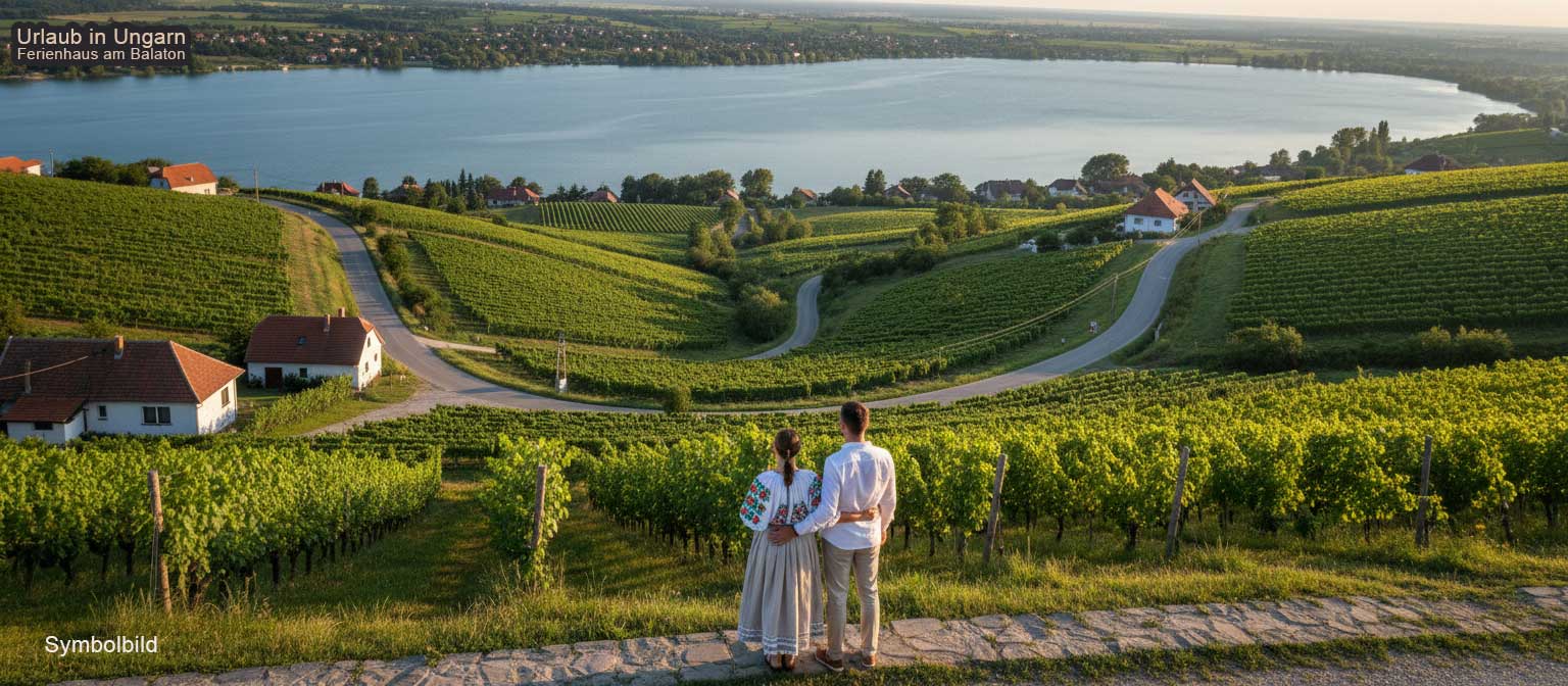 Csopak Weinberge am Balaton Nordufer mit Reben auf vulkanischem Boden und Blick über den Plattensee