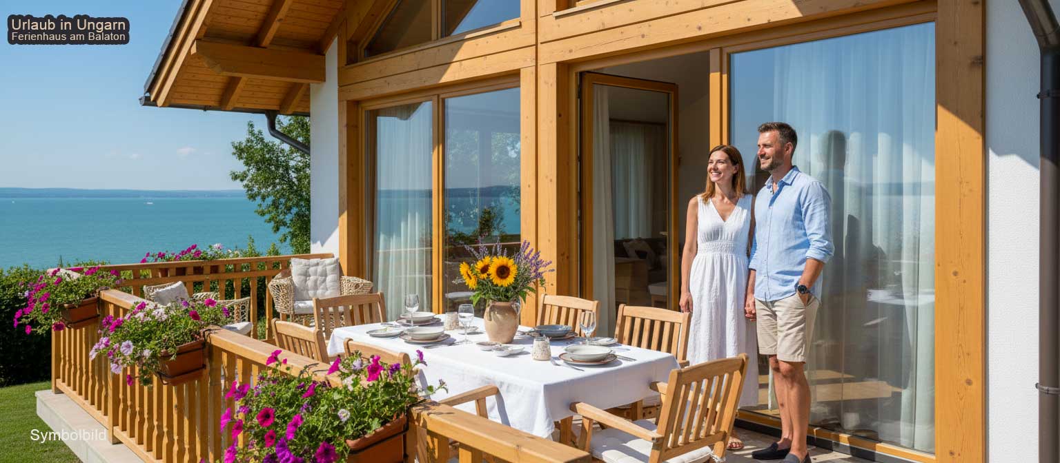 Ferienhaus Balaton Nordufer buchen – Blick auf ruhige Ortschaft Lovas mit Weinbergen und Plattensee