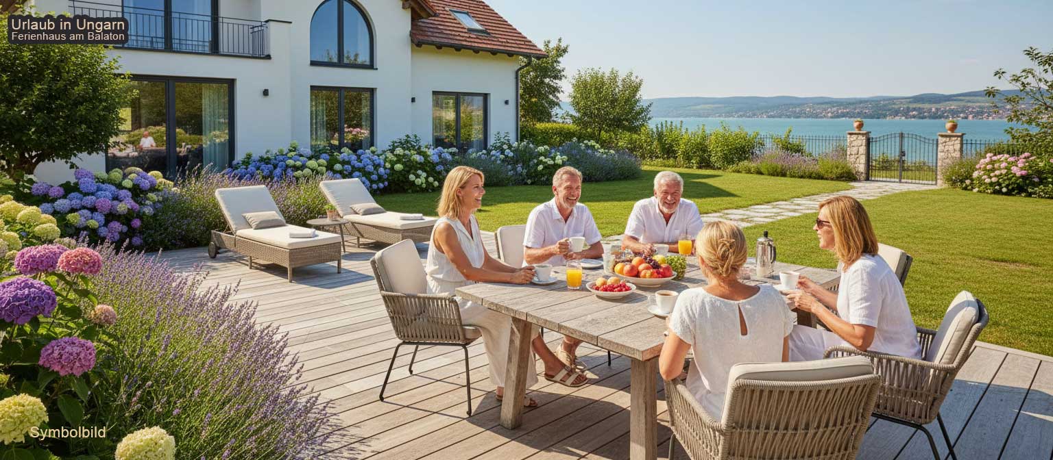 Familienferienhaus am Balaton Nordufer in Lovas – großer Garten mit Spielfläche und Seeblick