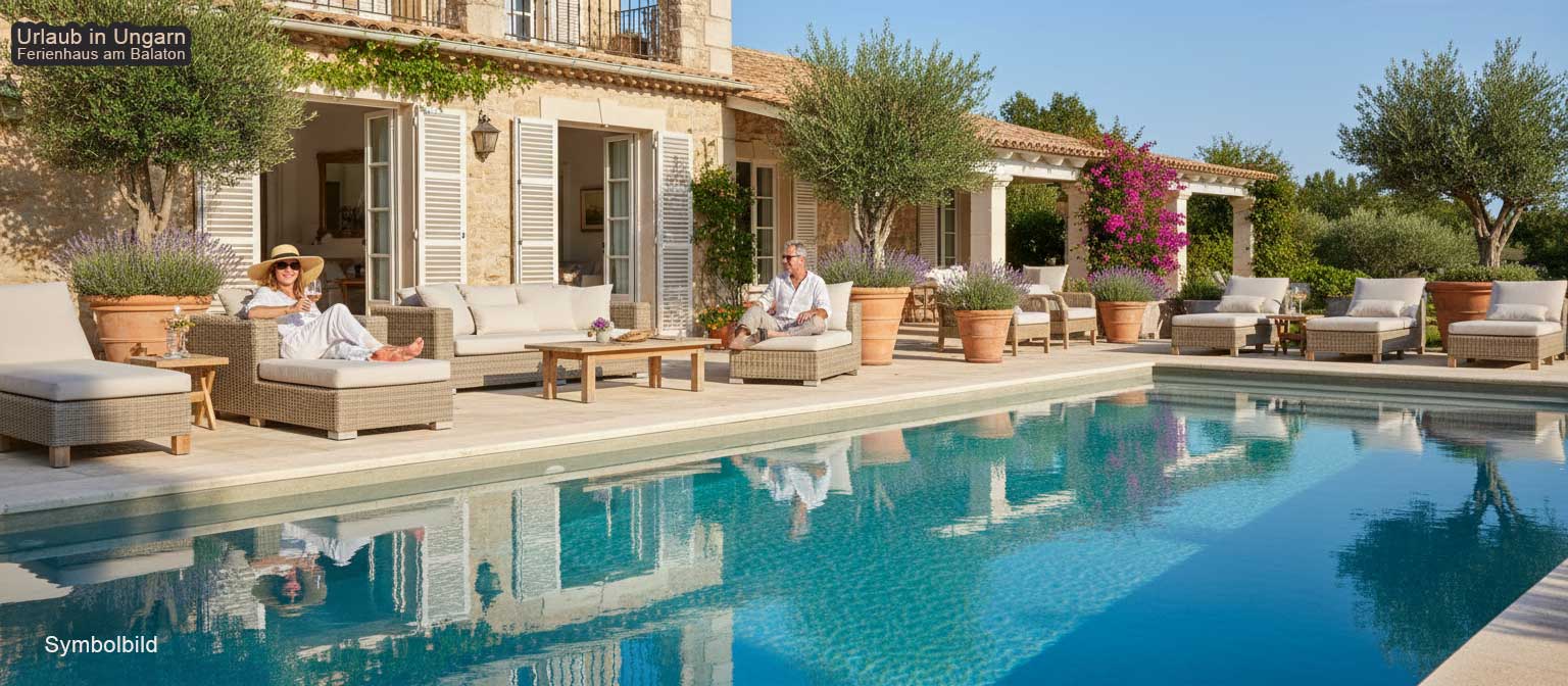 Ferienhaus Balaton Nordufer mit Pool und Seeblick nahe Badacsony – Privatpool im gepflegten Garten