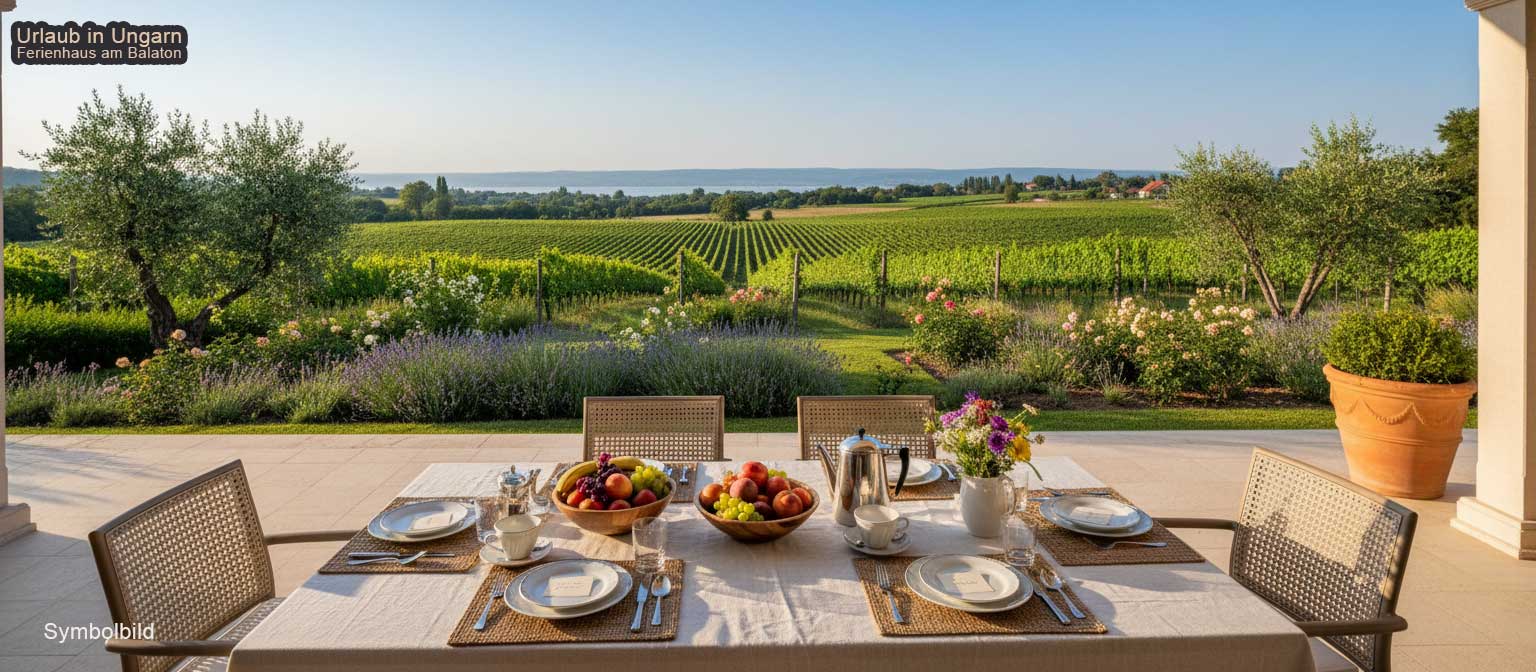 Ferienhaus am Balaton Nordufer mit Blick auf den Plattensee – Terrasse, Weinberge und das türkisblaue Wasser des Balaton im Sommer