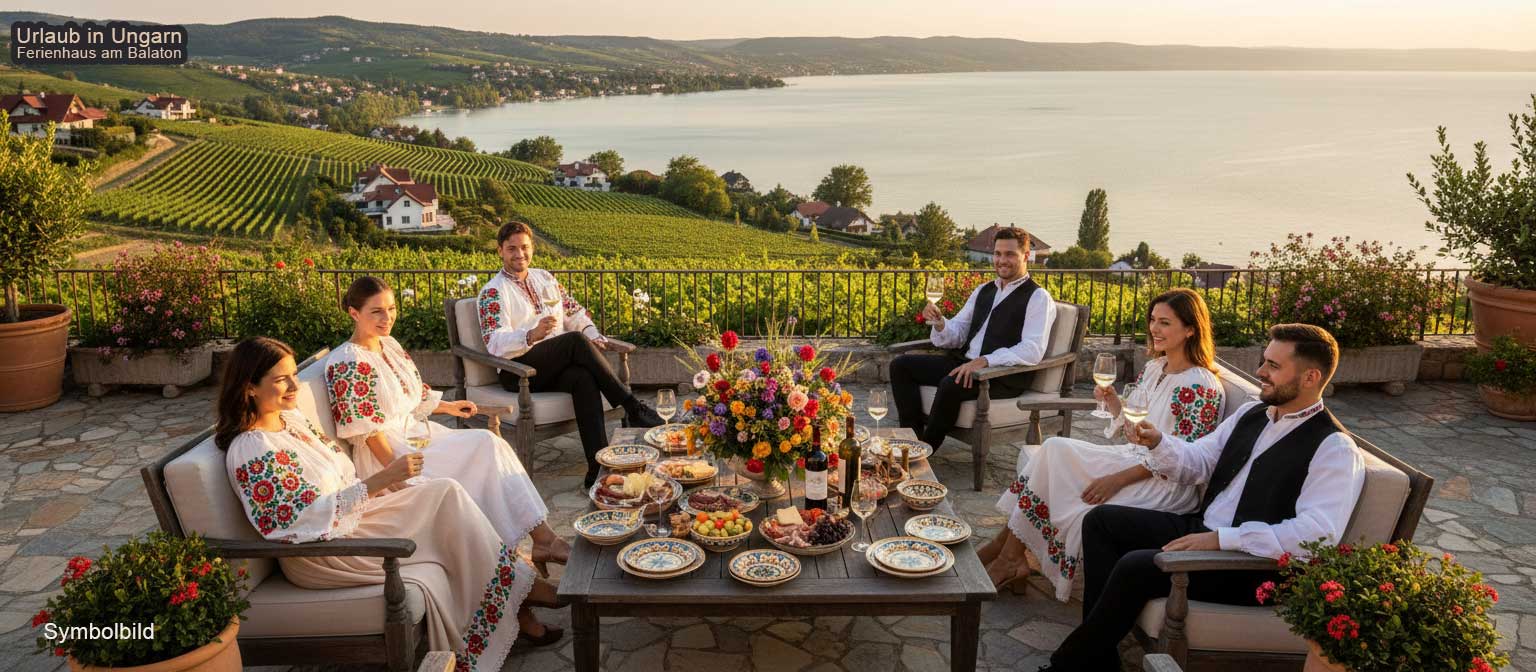Panoramablick über den Balaton am Nordufer mit Weinbergen und dem Plattensee im Hintergrund