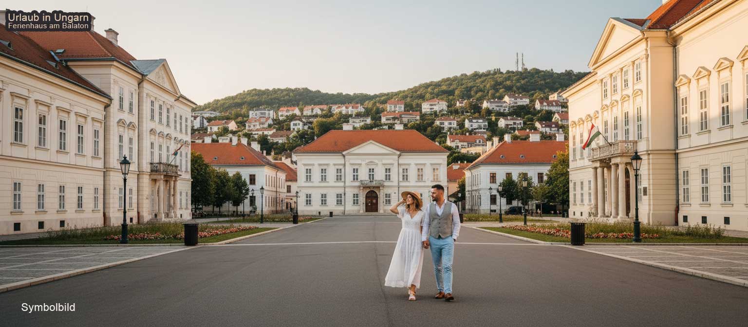 Keszthely Schloss Festetics mit barocker Fassade und dem Balaton im Hintergrund