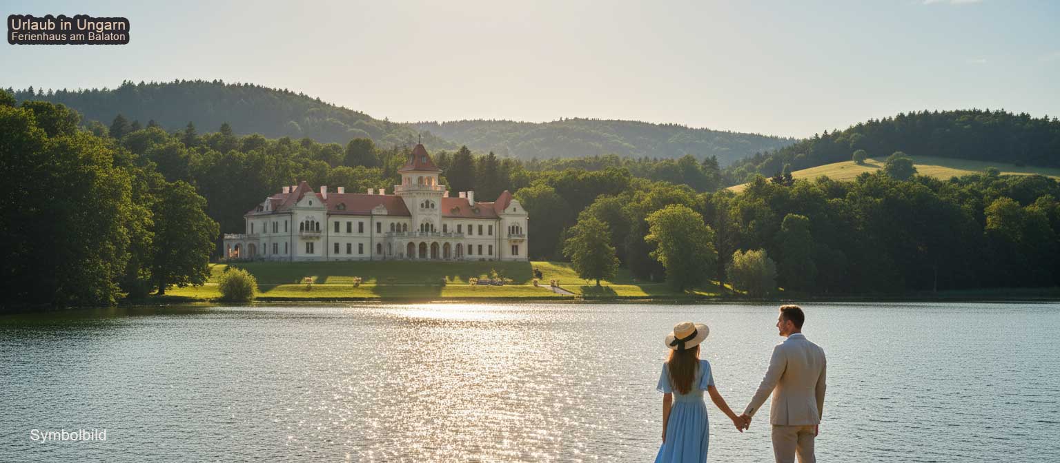 Lillafüred Palasthotel spiegelt sich im Hámori-See im Bükk-Gebirge mit bewaldeten Berghängen im Hintergrund