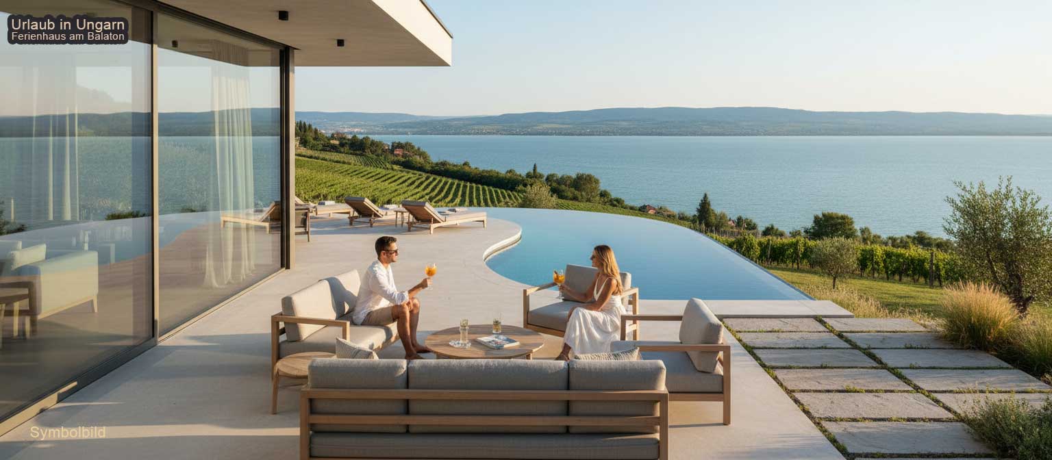Luxus-Ferienhaus am Balaton Nordufer in Badacsony mit Infinity-Pool, Weinbergterasse und Panoramablick über den Plattensee