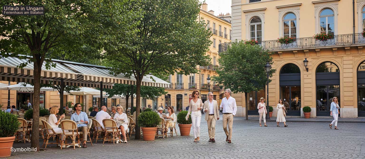 Nagykanizsa Erzsébet tér Hauptplatz mit klassizistischen Gebäuden, Kirche und belebtem Stadtleben in Südwestungarn