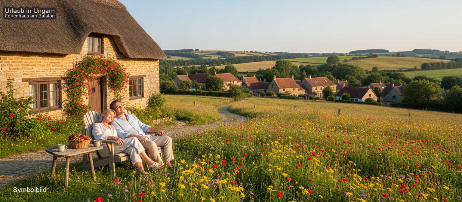 Traditionelle Streusiedlung im Őrség Nationalpark mit alten Holzbauernhäusern, Streuobstwiesen und der typischen Kulturlandschaft Südwestungarns