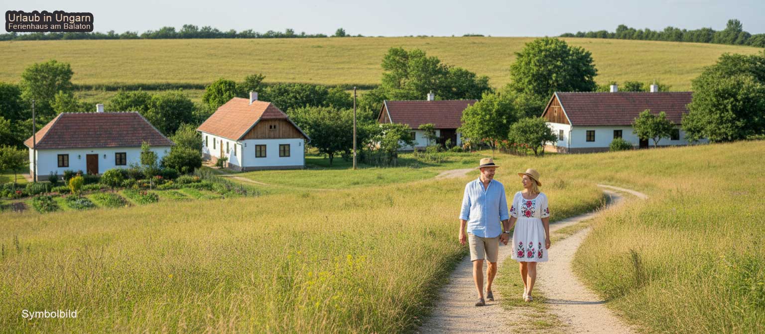 Pityerszer Freilichtensemble in Szalafő – historische Holz- und Lehmhäuser der traditionellen Őrség-Streusiedlung im Morgenlicht