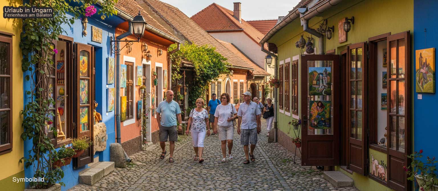 Szentendre bunte Altstadt mit farbenfrohen Bürgerhäusern, orthodoxen Kirchtürmen und dem Donauufer im Hintergrund