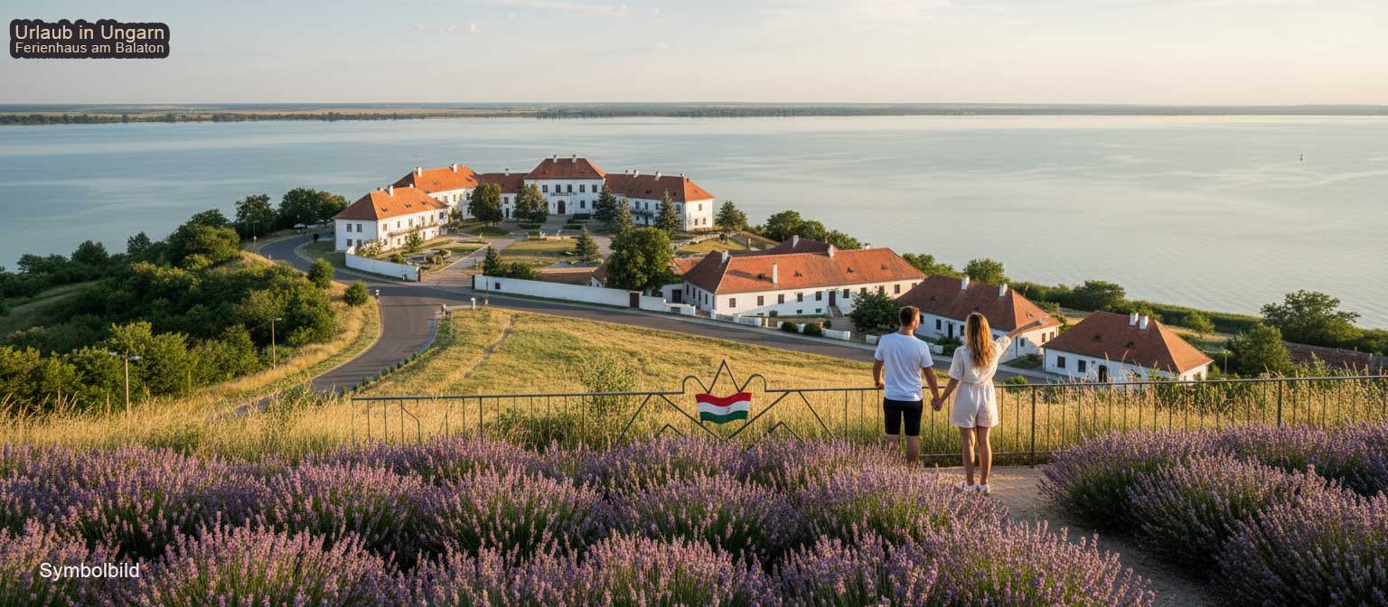 Tihany Halbinsel mit der Benediktinerabtei über dem Balaton und blühenden Lavendelfeldern im Vordergrund