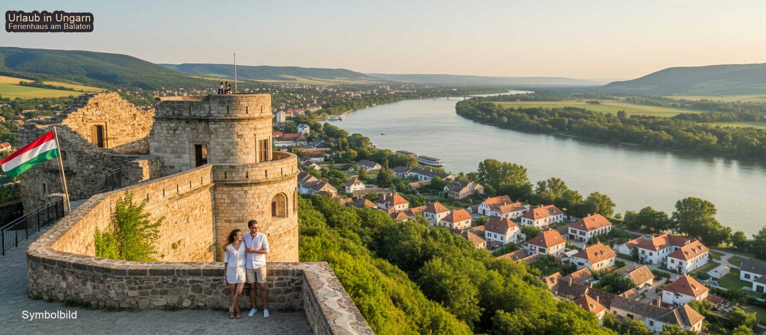 Visegrád Königsburg hoch über dem Donauknie mit Blick auf die Donau und die bewaldeten Hügel Nordungarns